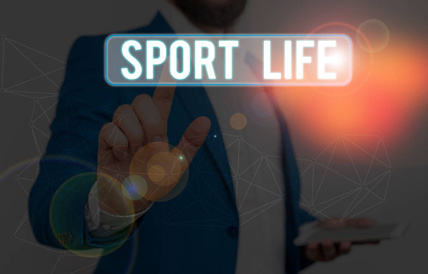 Tekst pisania słów Sport Life. Koncepcja biznesowa dla miłośników sportu lub innych zajęć na świeżym powietrzu Aktywność fizyczna. - Zdjęcie, obraz