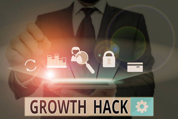 Rukopis text Růst Hack. Koncept znamená obecně získat co nejvíce analytických uživatelů nebo zákazníků. - Fotografie, Obrázek