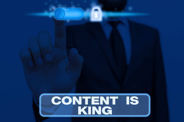 Writing note showing Content Is King. Business photo showcasing Content is the heart of todays marketing strategies. - 写真・画像