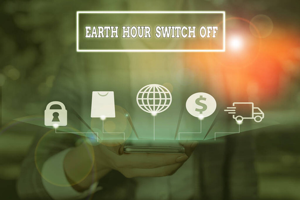Tekst pisma ręcznego pisania Earth Hour Switch Off. Koncepcja czyli The Lights Out zdarzenia roczny ruch Planet dnia. - Zdjęcie, obraz