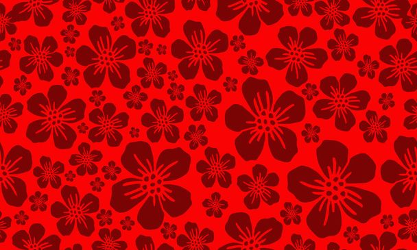 Cute floral pattern background, plant drawing dark red flower. - Vector, Image