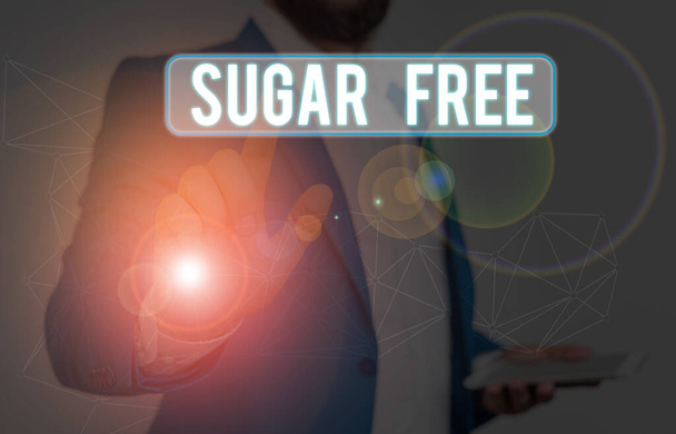 Słowo pisanie tekstu Sugar Free. Koncepcja biznesowa zawierająca sztuczną substancję słodzącą zamiast cukru. - Zdjęcie, obraz