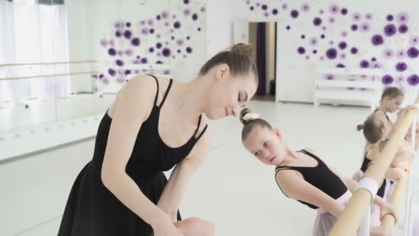 ピンクのレオタードとチュチュのスカートの小さなバレエダンサーのグループは、バレエの壁にかかって、ダンススタジオで運動をする - 映像、動画