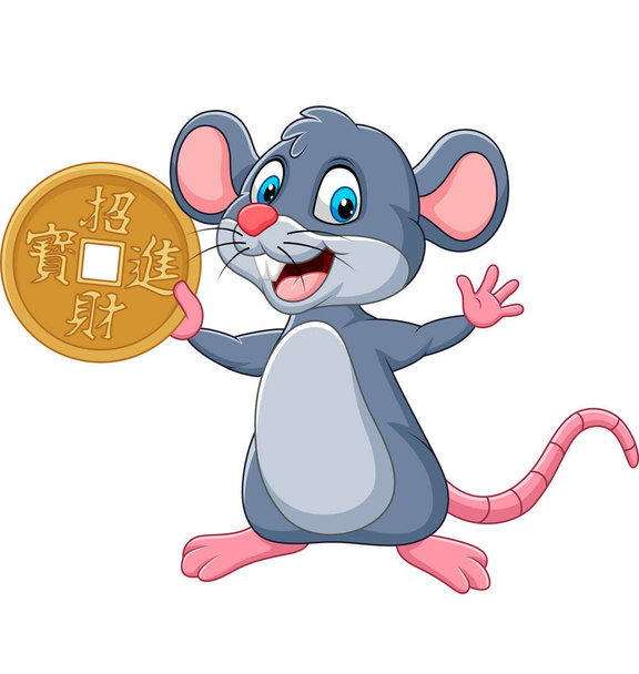 Vector illustration of Happy Chinese New Year. Funny cartoon Rat as symbol of new year 2020 holding gold coin - Vector, Image