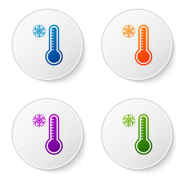Цветной метеорологический термометр, измеряющий тепло и холодную иконку на белом фоне. Термометр показывает жаркую или холодную погоду. Установите иконки в кнопки круга. Векторная миграция
 - Вектор,изображение