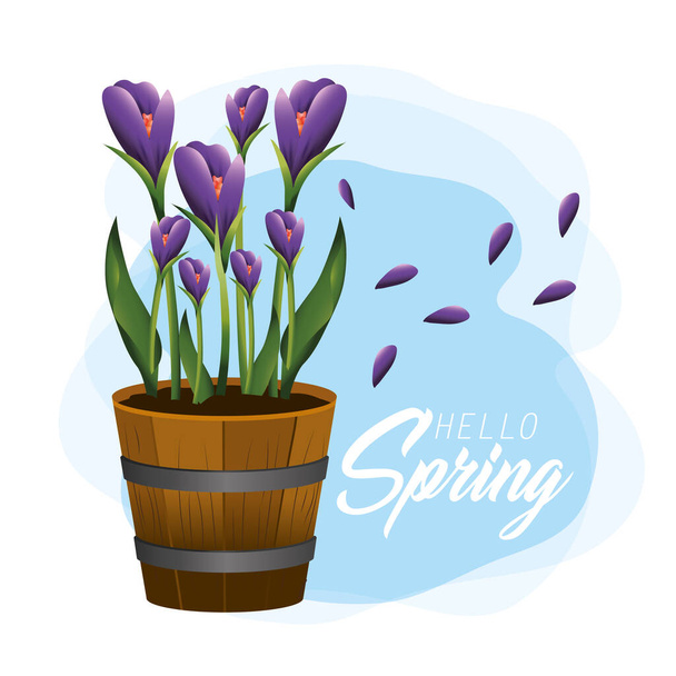spring with exotic flowers plants and leaves inside flowerpot - Vetor, Imagem