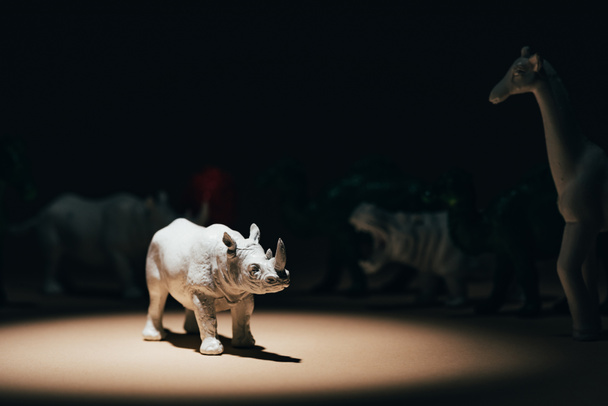 Rinoceronte giocattolo bianco sotto i riflettori con animali sullo sfondo, concetto di voto
 - Foto, immagini