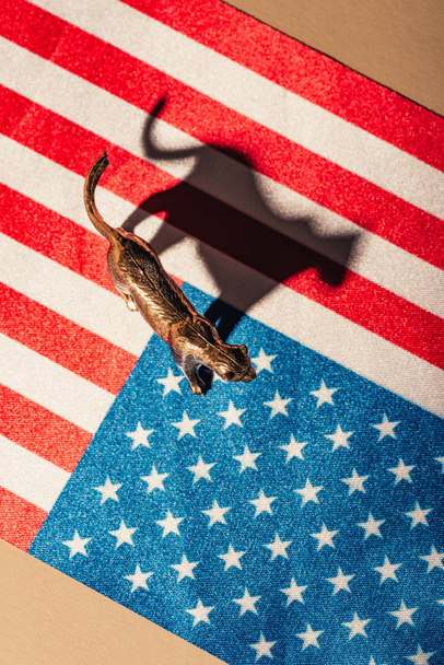 Vista dall'alto della tigre giocattolo d'oro con ombra sulla bandiera americana, concetto di benessere degli animali
 - Foto, immagini