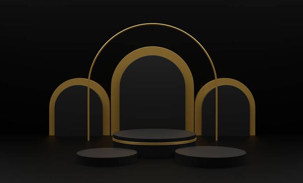 3d ilustración renderizada con 3 formas geométricas. plataformas de podio cilindro de oro para la presentación del producto cosmático. Composición abstracta en estilo moderno
. - Foto, Imagen