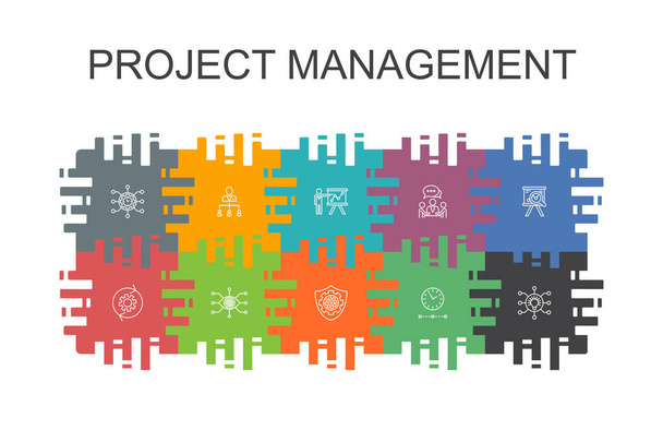 Project Management cartoon template met platte elementen. Bevat pictogrammen zoals project presentatie, vergadering, workflow, risicobeheer - Vector, afbeelding