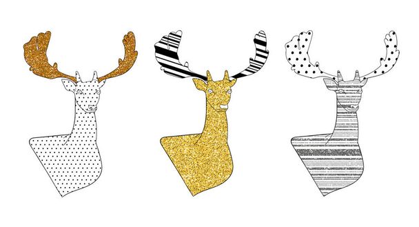 Набор стилизованных оленей с золотым, бронзовым и серебряным блеском. Элементы для дизайна Рождества и Нового года
. - Вектор,изображение
