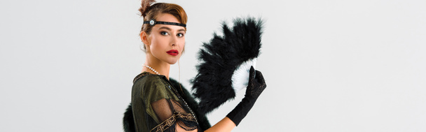 panoramic shot of aristocratic woman holding black feather fan isolated on grey  - Foto, immagini