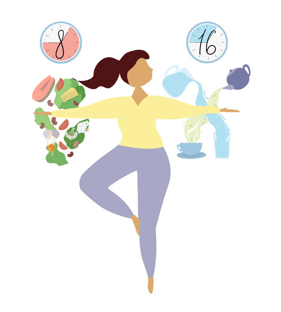 Intermittent fasting concept. Method of losing weight and accelerating metabolism. Scheme 8 16, eight-hour food window. Girl balances on leg between food and water and tea. - Vector, Image