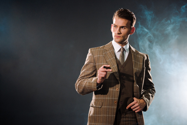 bel homme riche en costume tenant cigare sur noir avec de la fumée
  - Photo, image