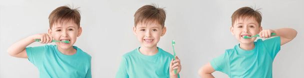 Set with cute little boy brushing teeth on light background - Foto, immagini