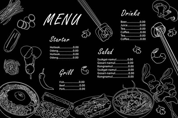 Šablona menu pro kavárnu korejské kuchyně. Asijské bílé obrysy pokrmy bibimbap, gimbap, guksu, odeng, galbi-gui na černém pozadí. - Vektor, obrázek