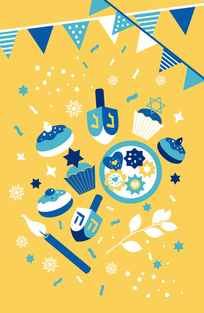 Banner, αφίσα, ευχετήρια κάρτα Hanukkah με κεριά, dreidel, εβραϊκό αστέρι, ντόνατ, cupcake, κομφετί. Διάταξη για πρόσκληση Φεστιβάλ Φώτων, Εβραϊκές ευχετήριες κάρτες. - Διάνυσμα, εικόνα