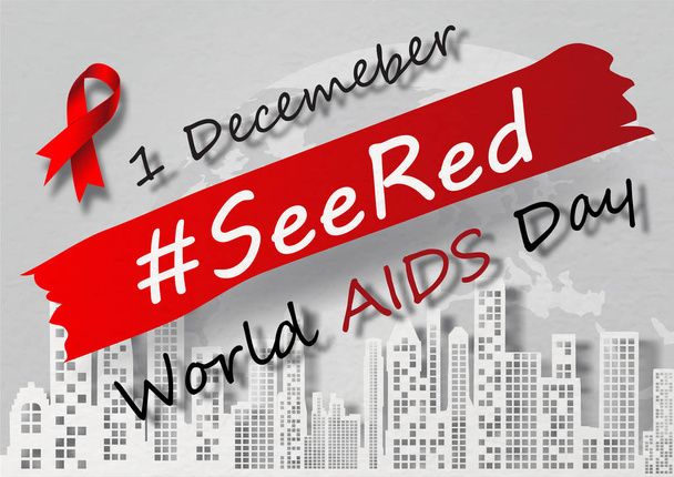 Seered bettering Hashtag a piros színű bár kis piros szalaggal és a nap, a neve World Aids Day. Minden a városkép a papír vágott stílus és a világtérkép szürke háttér. - Vektor, kép