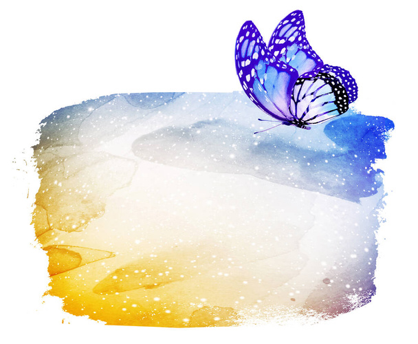 Watercolor background with butterfly on white - Φωτογραφία, εικόνα