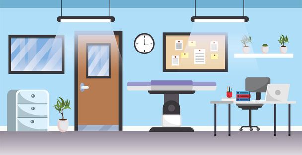 professional hospital with medical stretcher and desk - Vector, Image