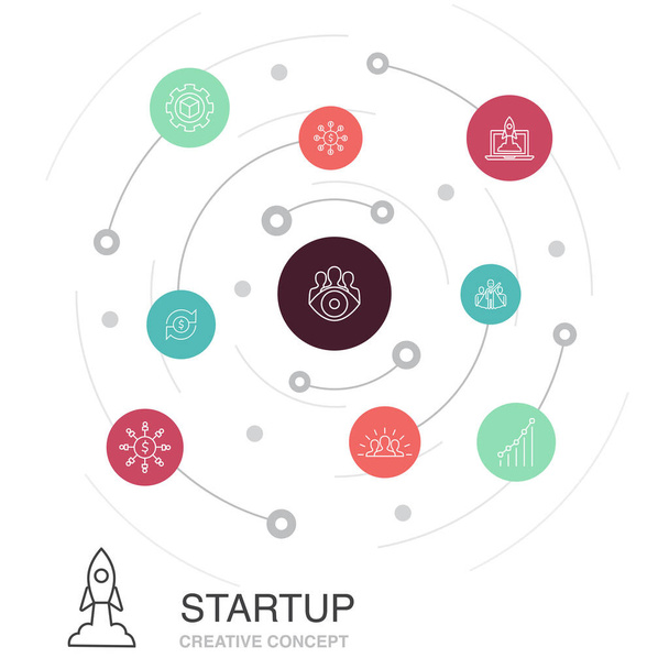 Concept de cercle coloré de démarrage avec des icônes simples. Contient des éléments tels que le financement participatif, lancement d'entreprise, motivation, développement de produits
 - Vecteur, image