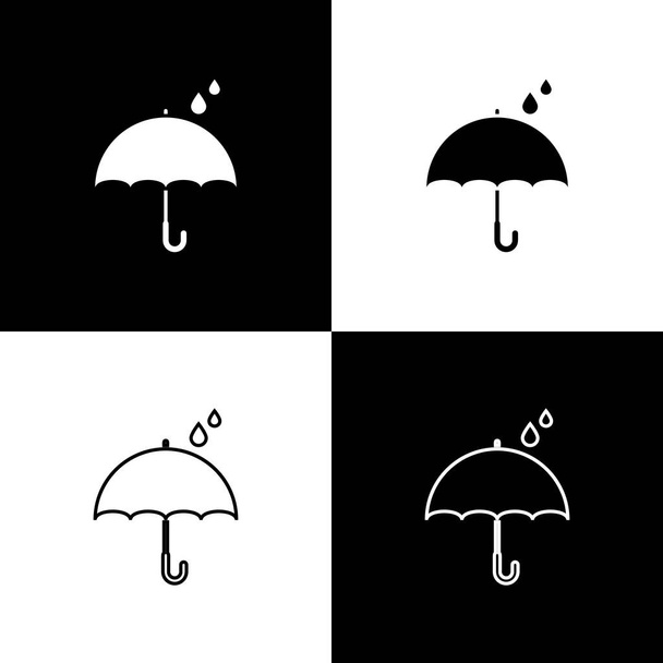 Regenschirm und Regentropfen auf schwarzem und weißem Hintergrund. Wasserdichtes Symbol. Schutz, Sicherheit, Sicherheitskonzept. Wasserdichtes Symbol. Vektorillustration - Vektor, Bild