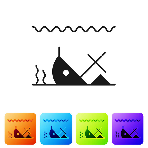 schwarzes versunkenes Schiff am Grund des Meeres, isoliert auf weißem Hintergrund. setzen Sie Symbole in farbigen quadratischen Buttons. Vektorillustration - Vektor, Bild