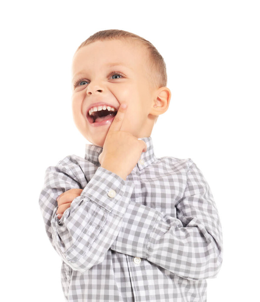 Portrait of cute little boy on white background - Foto, imagen