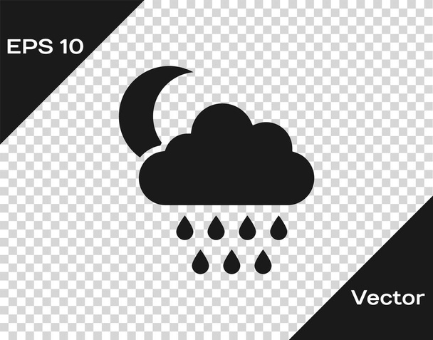 Szara chmura z ikoną deszczu i księżyca odizolowana na przejrzystym tle. Deszczowe opady deszczu z kroplami deszczu. Ilustracja wektora - Wektor, obraz