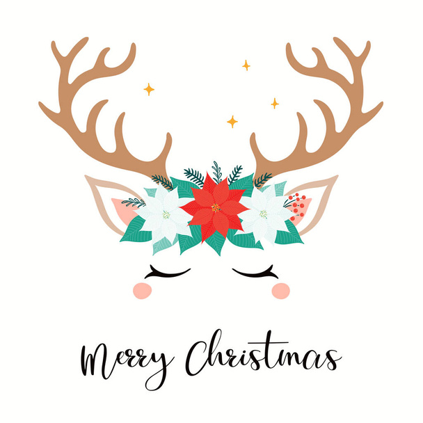 Hand drawn card with cute reindeer face in a wreath of poinsettias, firs, text Merry Christmas isolated on white background, Concept for holiday print - Vector, Image