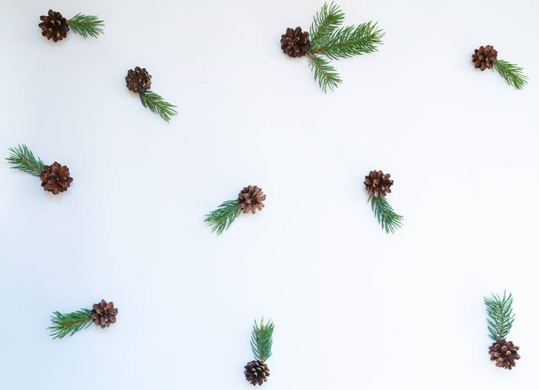 Collection of Christmas objects viewed from above. Creative minimal Christmas art. Pattern made with spruce branches and pine cone on pastel background. Flat lay. Minimal composition. - Foto, immagini