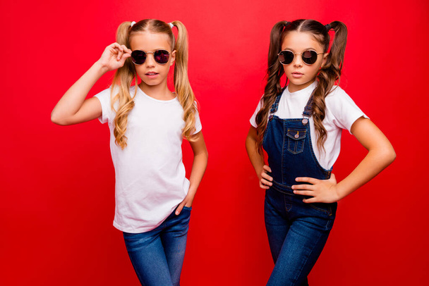 Photo of two pretty small ladies long tails self-confidenlty looking on camera wear cool sun specs jeans overall white t-shirt isolated red bright color background - Foto, Imagen