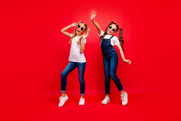 Full length photo of two pretty small ladies long tails rejoicing at school party best friends wear cool sun specs jeans overall white t-shirt isolated red bright color background - Zdjęcie, obraz