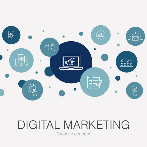Digitální marketing trendy kruh šablony s jednoduchými ikonami. Obsahuje takové prvky, jako je internet, marketingový výzkum, sociální kampaň, Pay per click - Vektor, obrázek