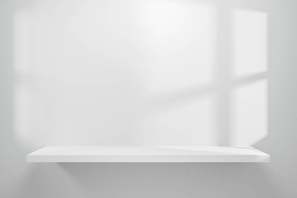 Vista frontale dello scaffale vuoto sulla vetrina del tavolo bianco e sullo sfondo della parete con luce naturale della finestra. Esposizione di scaffali di sfondo per mostrare concetto minimo. Rendering 3D realistico
. - Foto, immagini