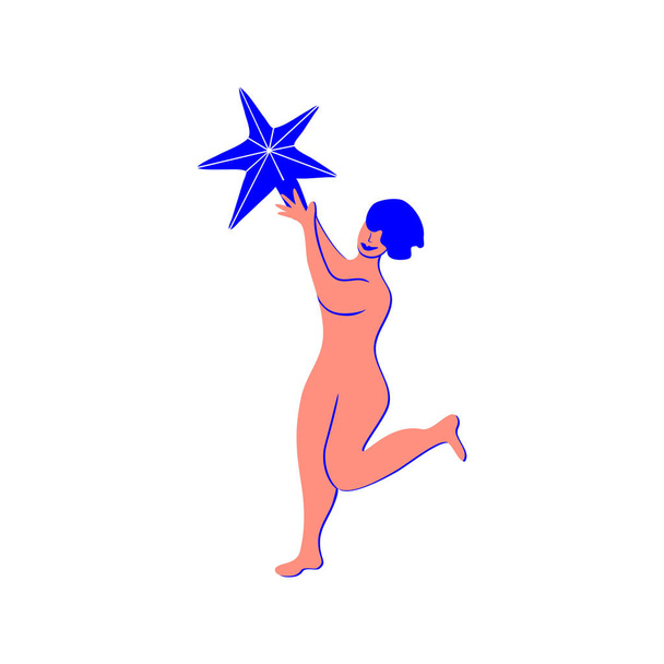 Happy girl holds a huge Christmas star in her hand. - Vector, afbeelding