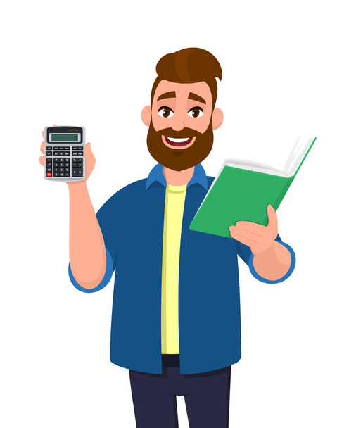 Bearded man showing or holding digital calculator device and book, report, document, folder or file in hand. Modern lifestyle, latest technology, banking, payment illustration in vector cartoon style. - Vector, Image