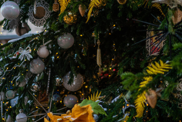 Closeup of Christmas-tree background. Christmas and New Year holidays background. - Photo, Image