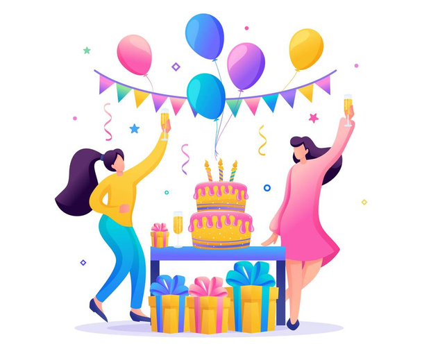 Geburtstagsfeier mit Freunden. Die Menschen tragen Geschenke, Luftballons, eine große Torte mit Kerzen, tanzen und feiern das Fest. flache 2D-Zeichen. Konzept für Webdesign - Vektor, Bild