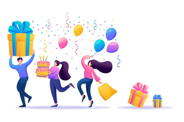 Holiday party with friends. People carry gifts, balloons, a cake with candles, dance and celebrate the holiday. Flat 2D character. Concept for web design - Vektori, kuva