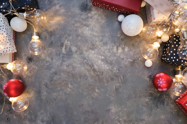 Рождественские огни украшения фона на льняном фоне. Хо
 - Фото, изображение