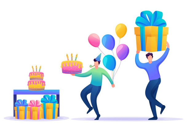 Birthday party with friends. People carry gifts, cake and balloons. Vivid illustration. Flat 2D character. Concept for web design - Vettoriali, immagini