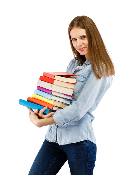 Woman posing with books on white copy space background - Zdjęcie, obraz