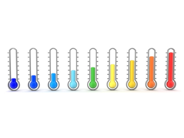 3D Rendering of many thermometers showing various temperatures - Foto, immagini