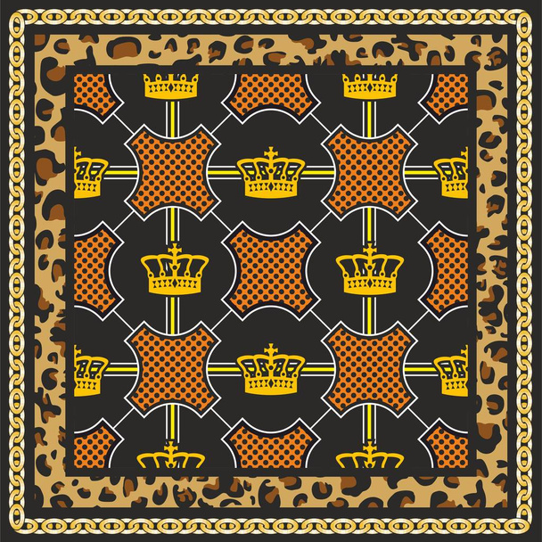 Leopardo, cadena, patrón de corona para bufanda, chal, bandana, pañuelo, telas de seda. Impresión de lujo sin costuras. - vector
 - Vector, Imagen