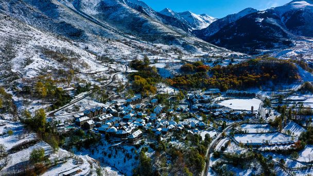road and snowy trees aerial view, Catalonia, Spain - Photo, Image