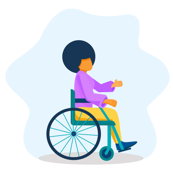 Молодая чёрная женщина сидит в инвалидном кресле. Афроамериканка подняла пустые руки, живя с инвалидностью, концепция равных возможностей Мультфильм иллюстрации изолированы на синем фоне пятна
 - Фото, изображение