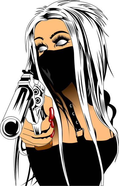 beautiful blind girl in a black mask with a gun, vecto - Vector, imagen