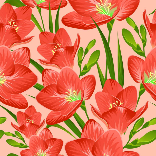 Seamless background with red freesia - Vector, imagen