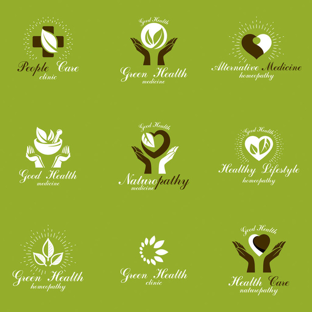 Kolekcja kreatywnych symboli Homeopatii. Przywrócenie stanu zdrowia - Wektor, obraz
